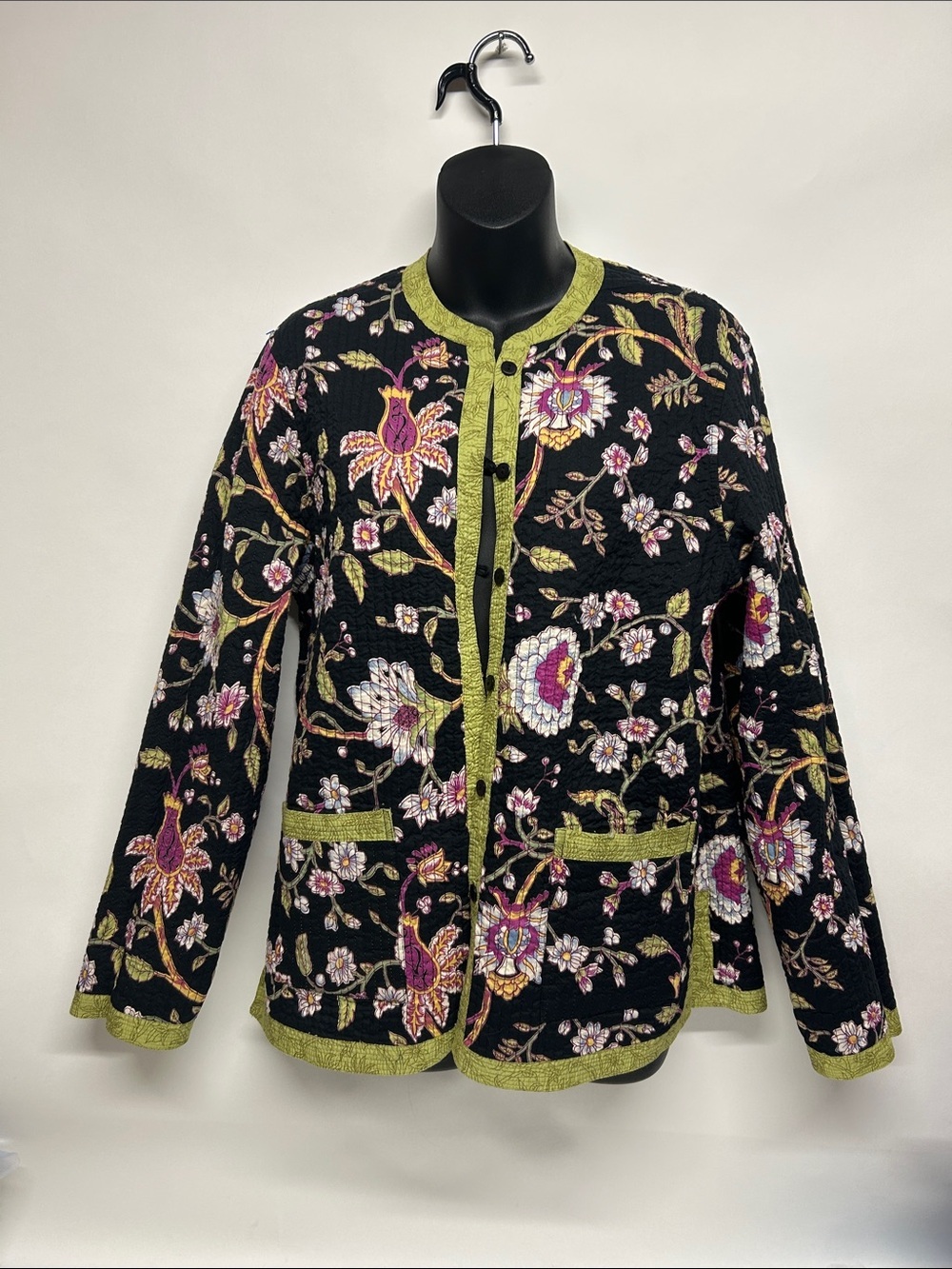Light Green Quilted Button-Front Jacket reversible floral cotton made in India